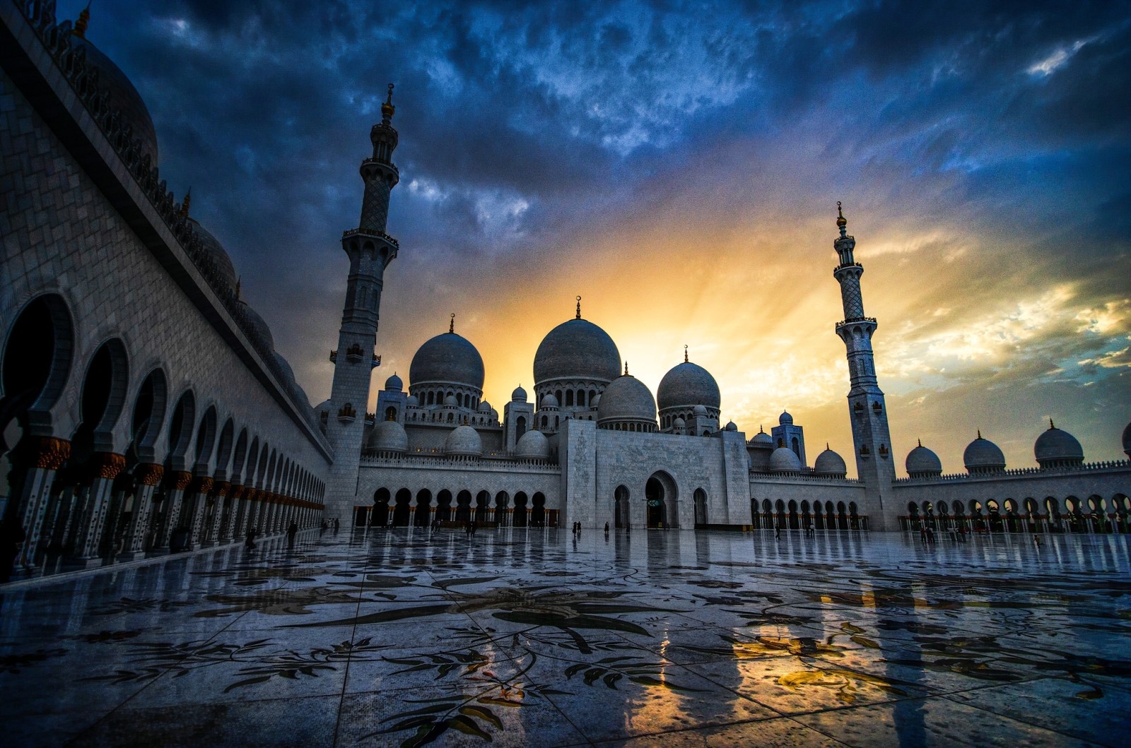 tramonto, Emirati Arabi Uniti, Abu Dhabi, La grande moschea di Sheikh Zayed