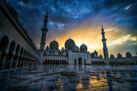 Abu Dhabi, le coucher du soleil, La grande mosquée Sheikh Zayed, Émirats arabes unis