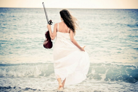 ragazza, mare, violino