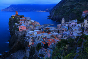 Accueil, Italie, lumières, nuit, rochers, mer, la ville