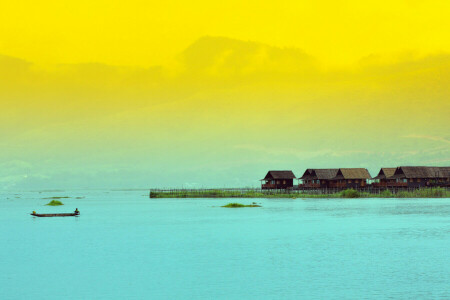 Asia, barca, casa, lago, montagne, mare, il cielo