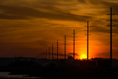 posts, sunset, the sky, the sun, wire