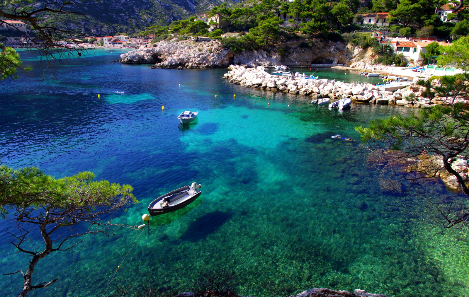 shore, stones, sea, trees, France, boats, Marseille