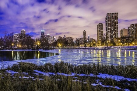 America, Chicago, clouds, ice, Il, lake, lights, skyscrapers