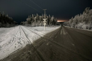 natt, väg, vinter-