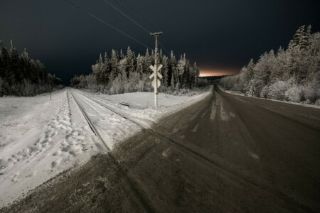 night, road, winter