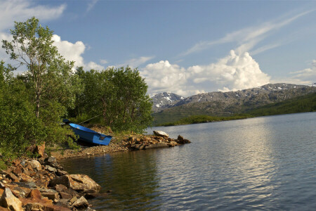 barci, coastă, Hansnes, lac, munţi, natură, Norvegia, fotografie