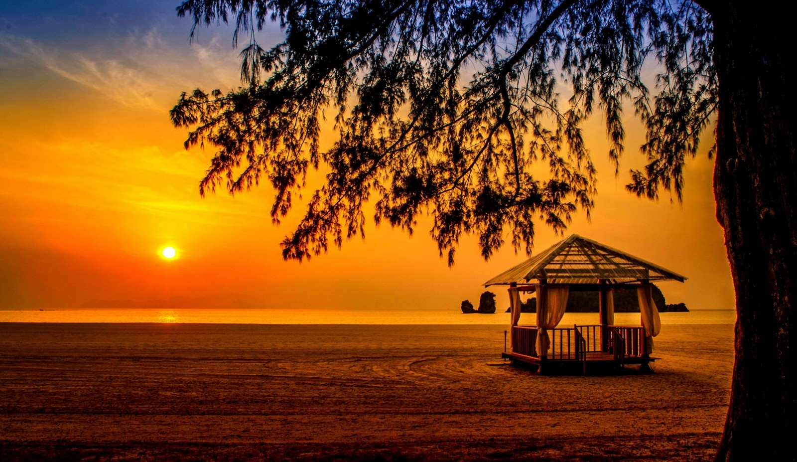 arbre, le coucher du soleil, plage, mer, belvédère, Malaisie, Hangzhou, Mer d'Andaman