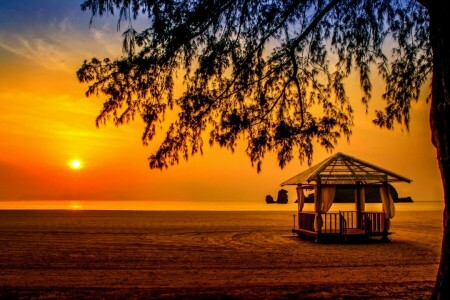 Mar de Andaman, de praia, gazebo, Hangzhou, Langkawi, Malásia, mar, pôr do sol