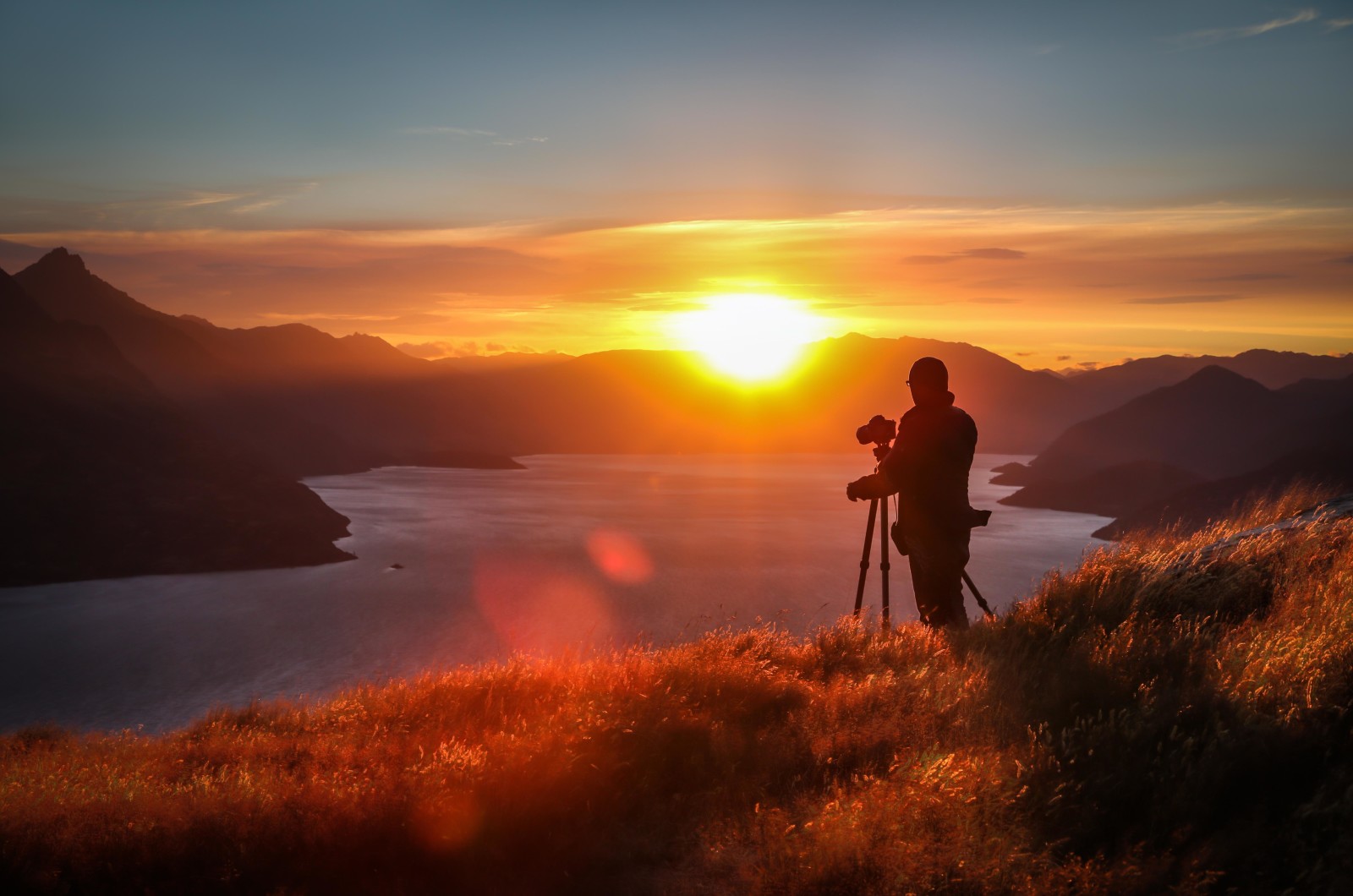 lake, sunset, clouds, mountains, the sun, photographer, hill