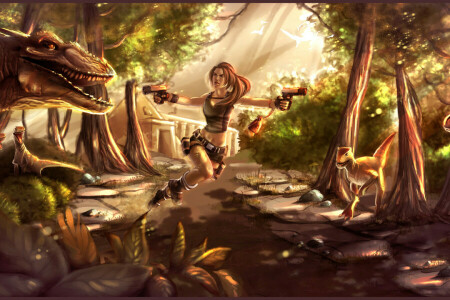 Attack, dinosaurs, girl, guns, Lara Croft, stones, the game, Tomb Raider