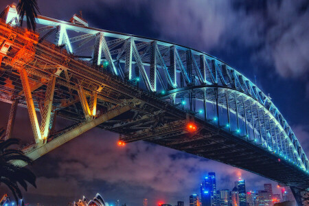 Australie, Pont, Accueil, lumières, nuit, Sydney, théâtre