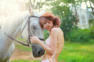 fundo, face, menina, cabelo, cavalo, sorrir, verão