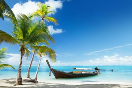 beach, boat, landscape, nature, palms, sea, Thailand, tropical