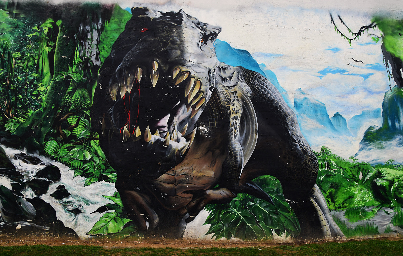 mur, bouche, graffiti, rugir, dinosaure, T-Rex