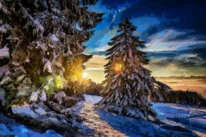 forest, landscape, Rays, snow, the sun, trees, winter