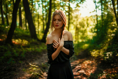 beautiful, black, dress, forest, girl, hair, nature, pigtail