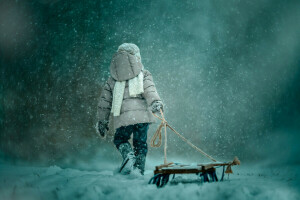 enfant, traîneau, neige