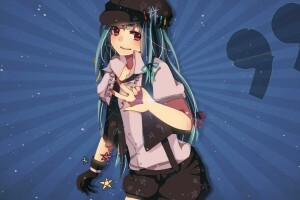 art, bows, cap, girl, gloves, hatsune miku, stars, vocaloid