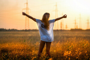 field, Freedom, girl, I love electricity, power lines, summer