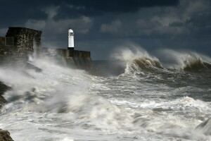 landscape, Lighthouse, sea, wave