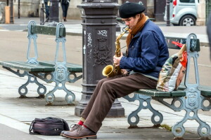 gens, saxophone, rue