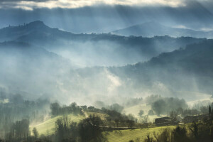 clouds, field, hills, house, Italy, mountains, Rays