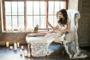 brunette, candles, chair, lace, mirror, mood, window