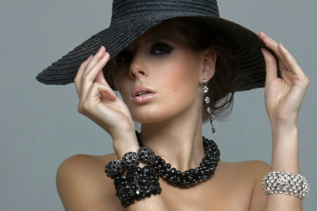 earrings, hat, look, model, necklace, shoulders, style