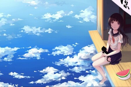 .l.l, anime, art, cat, clouds, form, girl, schoolgirl