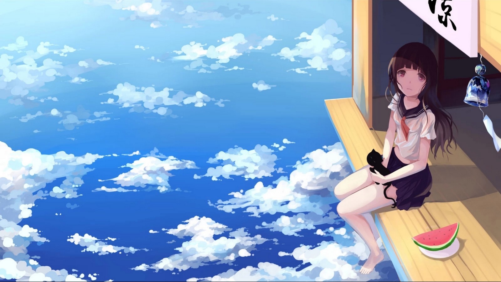 cat, the sky, girl, schoolgirl, art, clouds, anime, form