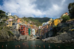 épület, bóják, Cinque Terre, tengerpart, Olaszország, Liguria, Ligur-tenger, Riomaggiore