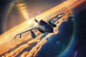 dibujo, Lockheed F-16, cielo, puesta de sol