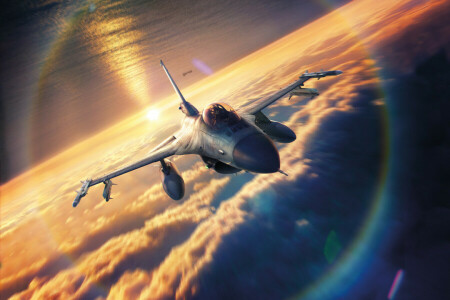 tegning, Lockheed F-16, himmel, solnedgang