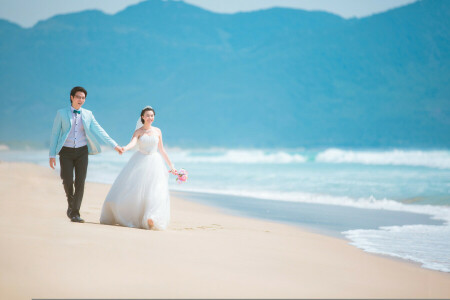 playa, ramo de flores, montañas, par, la novia, el novio, ola, Boda