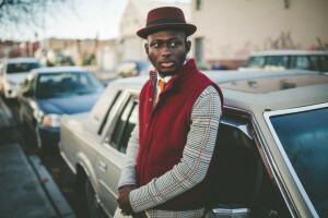 bokeh, cars, city, eyes, hat, lips, male, street