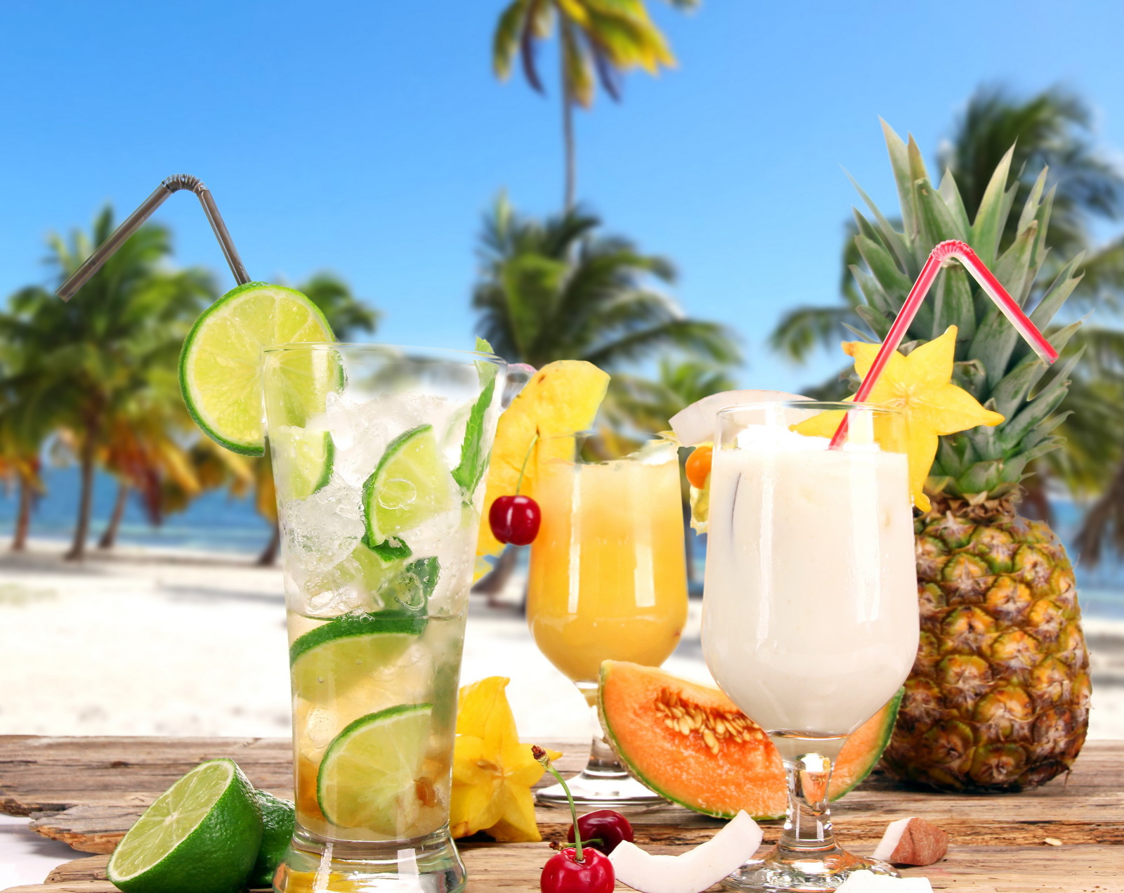 beach, fresh, drink, fruit, tropical, palms, cocktails