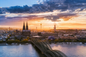 Brug, wolken, Keulen, Dom van Keulen, Duitsland, rivier-, de stad, de lucht