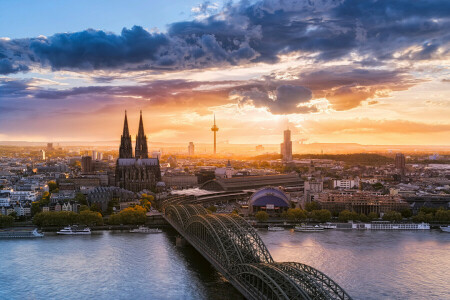 Bro, skyer, Köln, Köln Katedral, Tyskland, flod, byen, himlen