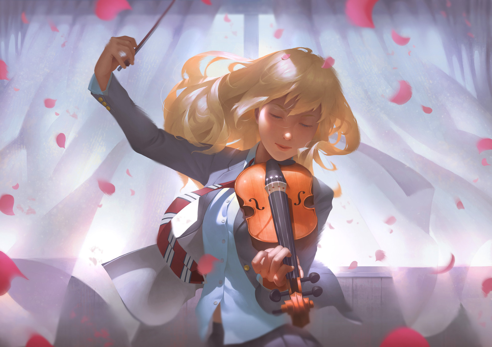 niña, rubia, Arte, Música, pétalos, violín, Corbata