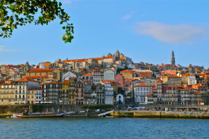 épület, Douro folyó, kikötő, Porto, Portugália, sétány, folyó, a Douro folyó