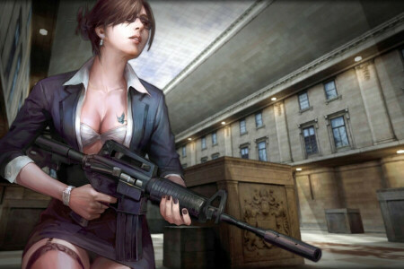 assault rifle, building, formal clothes, gun, Woman