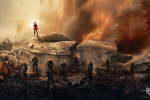 arrows, Ash, bow, characters, costume, fire, in red, Liam Hemsworth