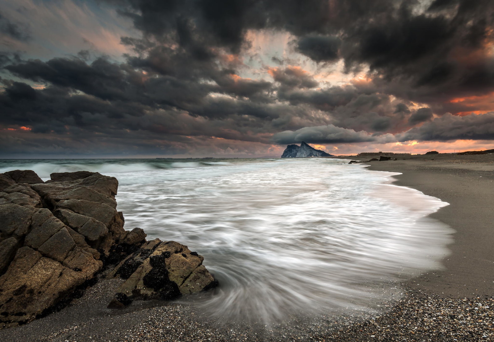 sunset, shore, beach, sea, clouds, storm, neo