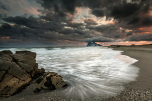 beach, clouds, neo, sea, shore, storm, sunset