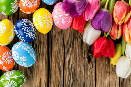 vistoso, Pascua de Resurrección, huevos, flores, contento, fiesta, primavera, tulipanes