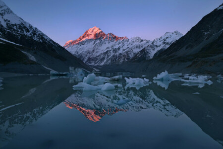 ice, lake, light, Mount Cook, mountains, New Zealand, peaks, reflection