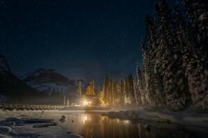 Canada, Emerald Lake, forest, house, lake, lights, mountains, night