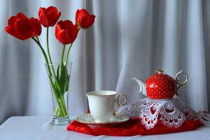 bouquet, Cup, flowers, kettle, Still life, table, tulips