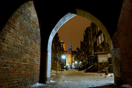 arch, Gdansk, home, lights, night, Poland, street, winter